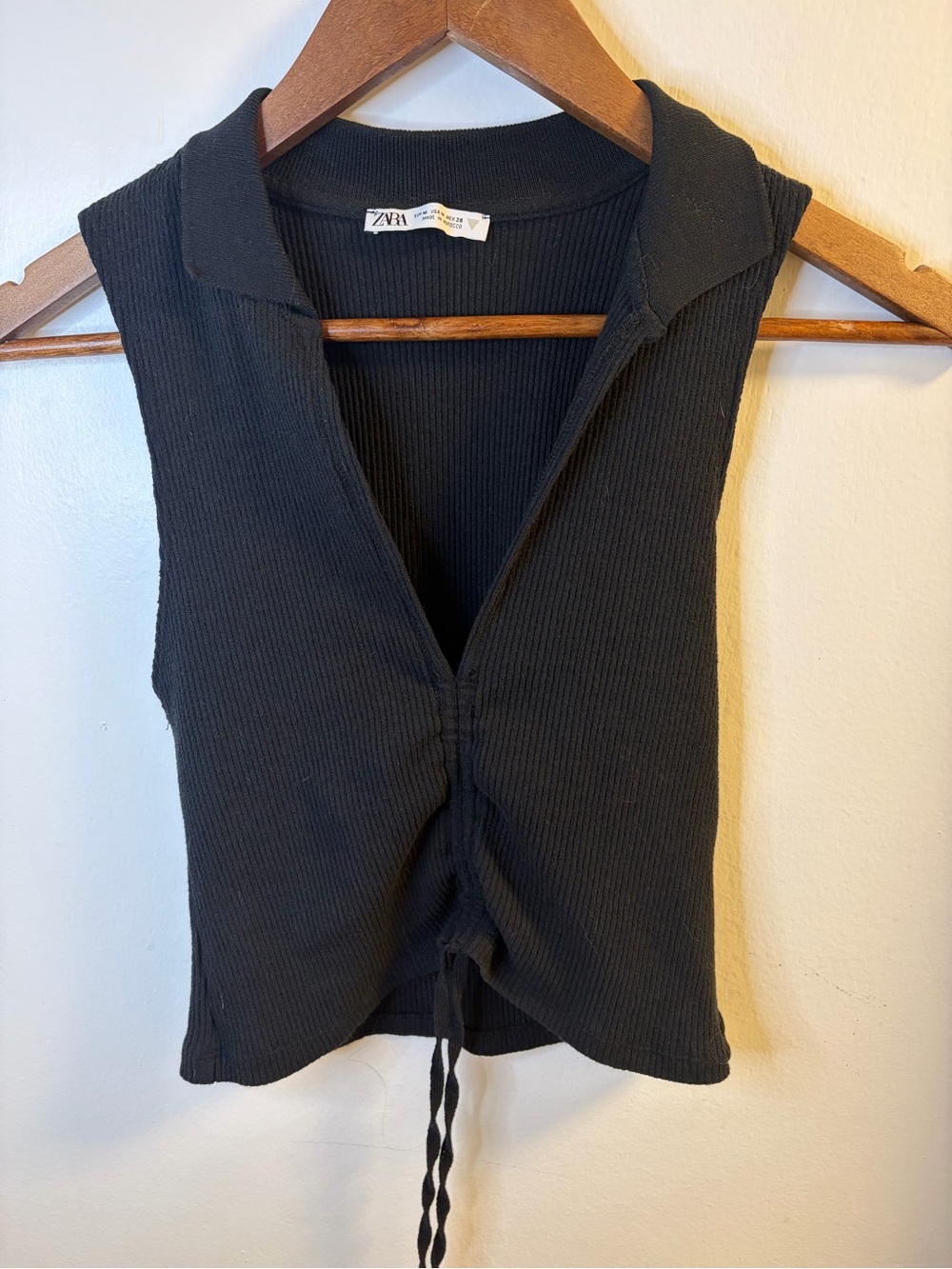 Zara Black Ribbed Collared Ruched Drawstring Tank Top Size M